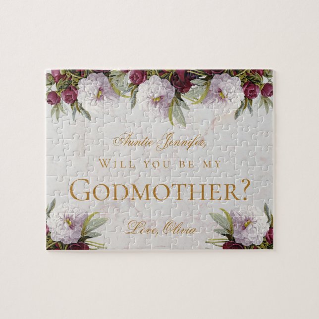 Will You Be My Godmother Proposal Burgundy Peonies Jigsaw Puzzle (Horizontal)
