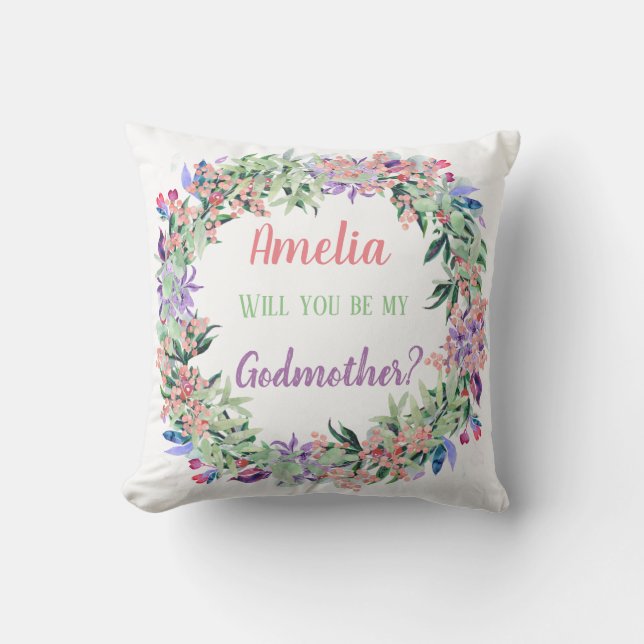 Will You Be My Godmother Proposal Floral Wreath Cushion (Front)
