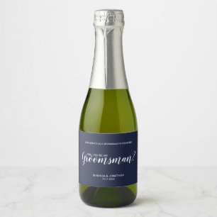 Will You Be My Groomsman? Modern Script Navy Blue Sparkling Wine Label