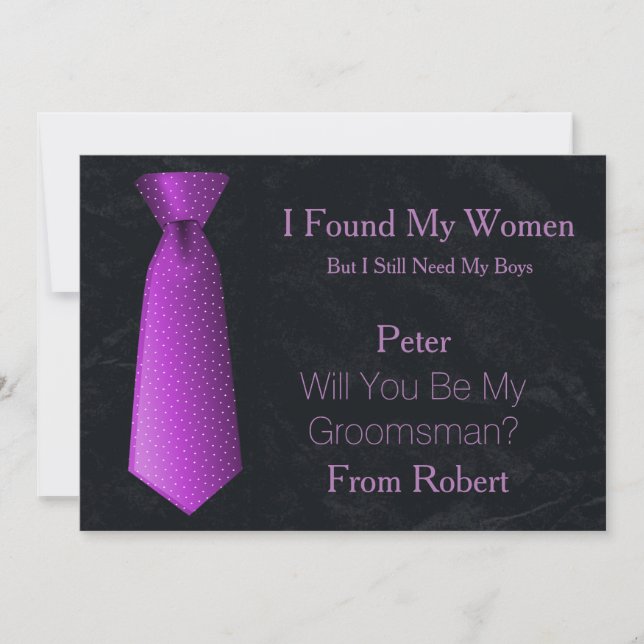 Will You Be My Groomsman Purple & White Tie Invitation (Front)