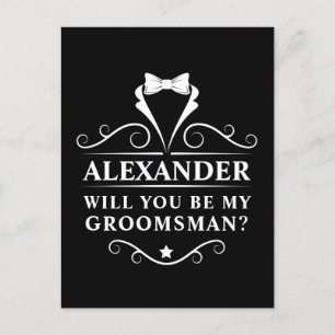 Will You Be My Groomsman Tuxedo Tie Black Postcard
