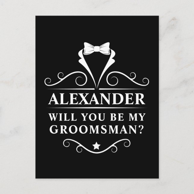 Will You Be My Groomsman Tuxedo Tie Black Postcard (Front)