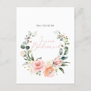 Will You Be My Jr. Bridesmaid Pink Script Floral Invitation Postcard