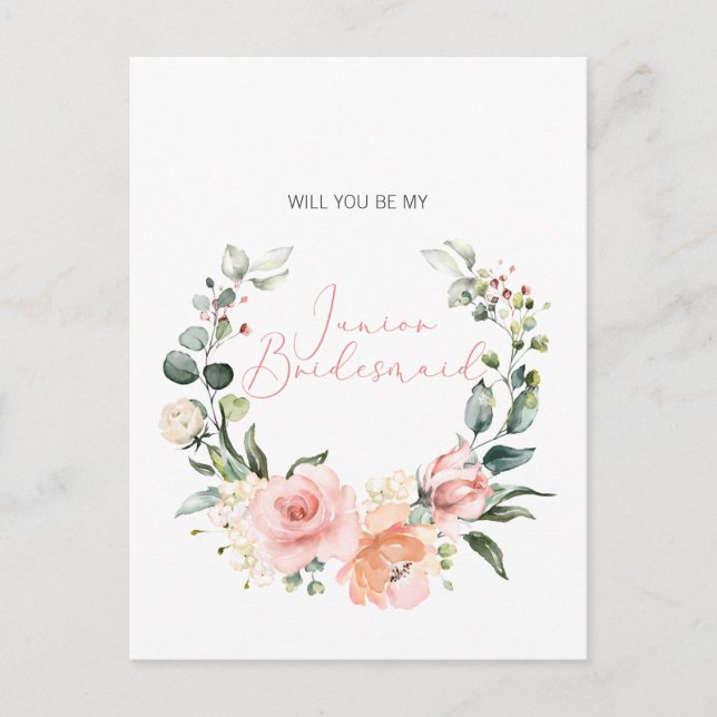 Will You Be My Jr. Bridesmaid Pink Script Floral Invitation Postcard (Front)