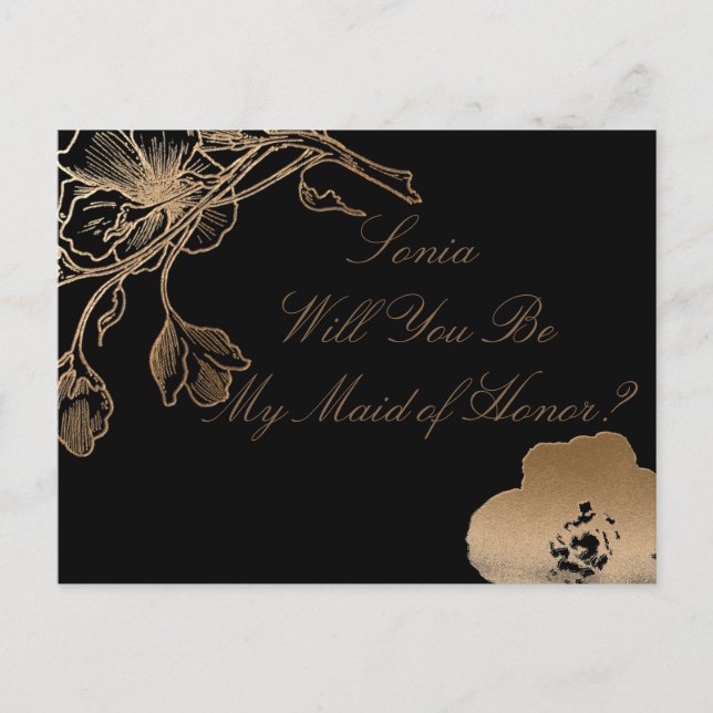 Will You Be My Maid Honor Metallic Golden Floral Invitation Postcard (Front)