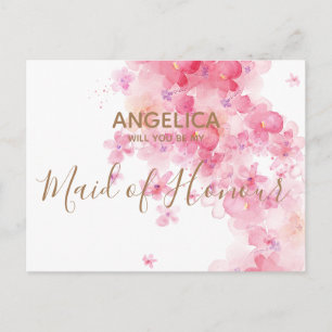 Will you be my Maid of Honor Pretty Pink Floral Invitation Postcard