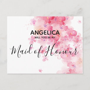 Will you be my Maid of Honor Pretty Pink Floral Invitation Postcard