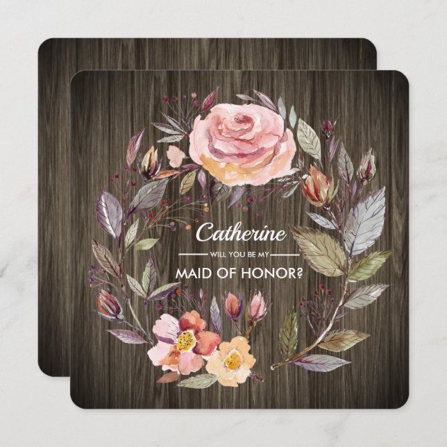Will you be my Maid of Honour? Barn Wood Floral Invitation (Front/Back)