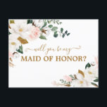 Will You Be My Maid of Honour Blush Pink Floral Postcard<br><div class="desc">Designs features elegant magnolia,  peony rose,  eucalyptus,  greenery and other watercolor elements in white,  blush pink or pink peach and more. The greenery features shades of dark and light green colours with some elements featuring gold,  antique gold and copper.  Design also features a gold coloured printed text.</div>