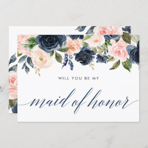 Will you be my maid of honour blush pink navy blue invitation