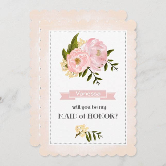 Will you be my Maid of Honour? Blush Pink Peonies Invitation (Front/Back)