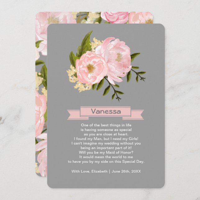 Will you be my Maid of Honour? Blush Pink Peonies Invitation (Front/Back)