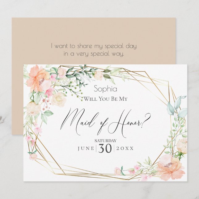 Will You Be My Maid of Honour Blush Spring Flowers Invitation (Front/Back)