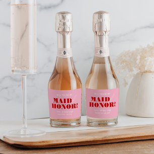 Will You Be My Maid of Honour Bold Pink & Red Sparkling Wine Label