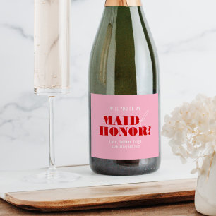 Will You Be My Maid of Honour Bold Pink & Red Sparkling Wine Label