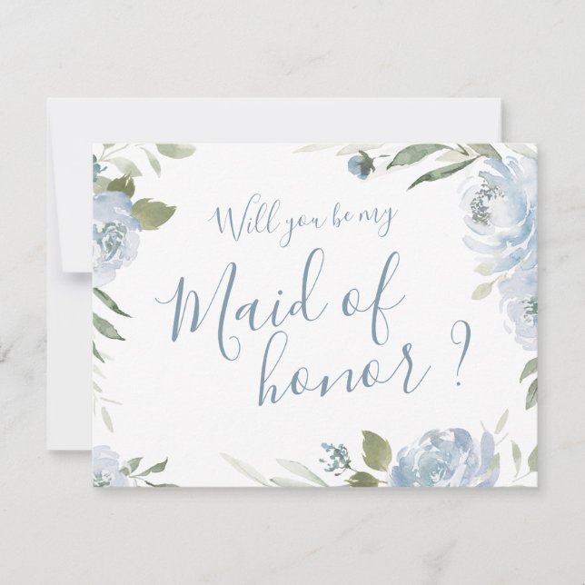 Will you be my maid of honour dusty blue floral invitation (Front)