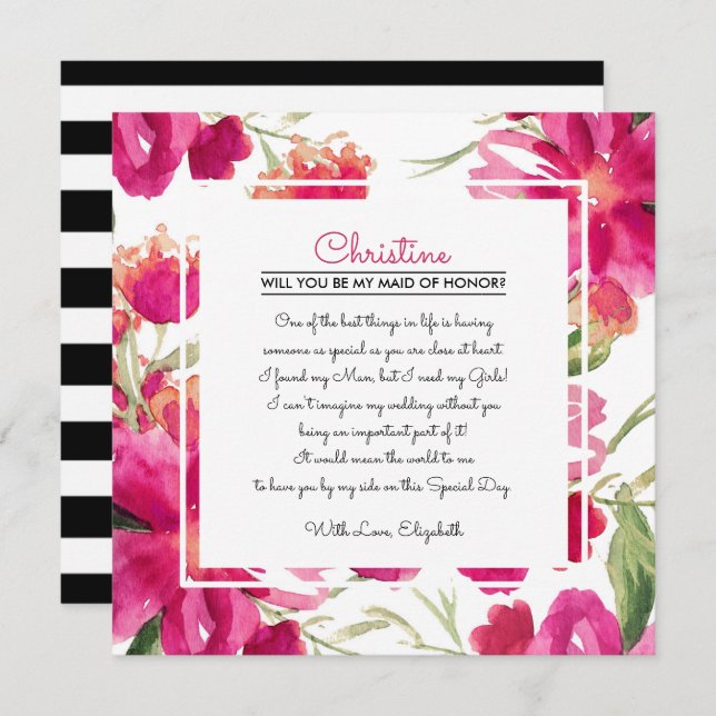Will you be my Maid of Honour? Fuchsia Floral  Invitation (Front/Back)