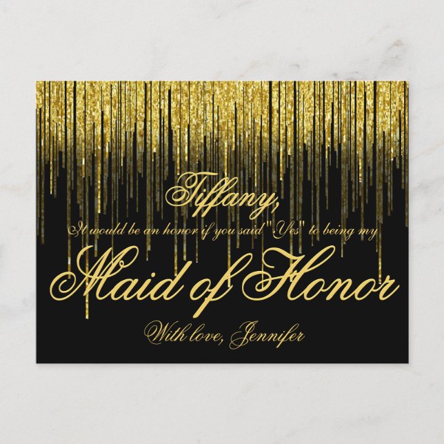 Will You Be My Maid of Honour? Golden Confetti Invitation Postcard (Front)