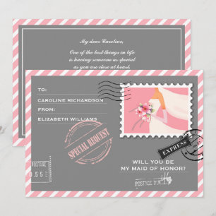 Will you be my Maid of Honour? Grey Pink  Air Mail Invitation