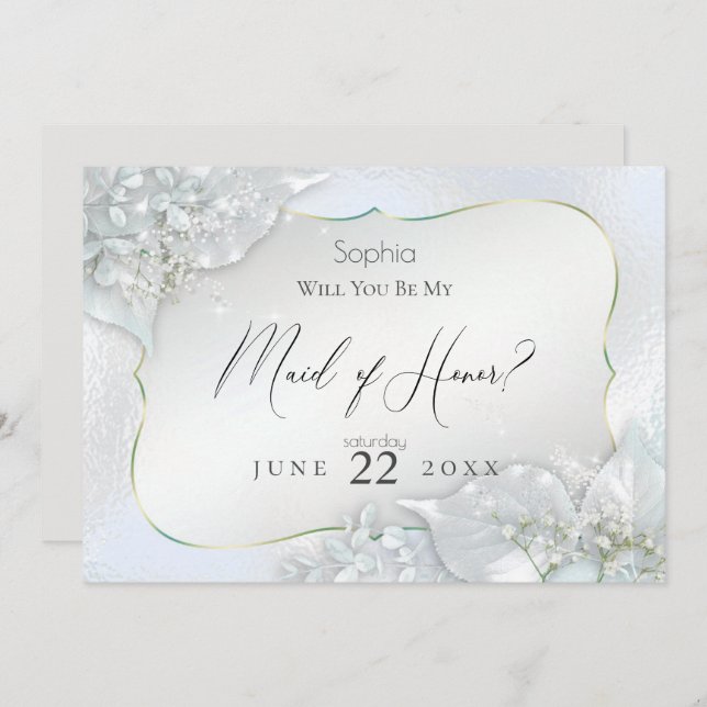 Will You Be My Maid of Honour Icy Blue Shimmer Invitation (Front/Back)
