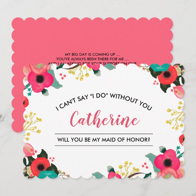 Will you be my Maid of Honour? Modern Floral Invitation (Front/Back)