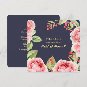 Will you be my Maid of Honour? Navy Blue Floral Invitation