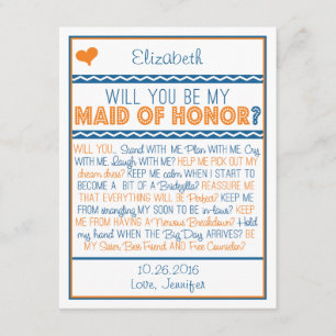 Will you be my Maid of Honour? Navy/Orange Poem Invitation