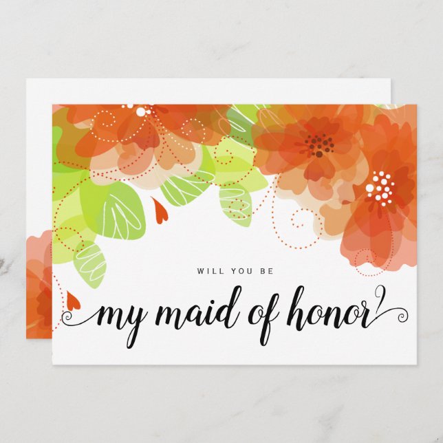 "Will you be my maid of honour" orange flowers car Invitation (Front/Back)