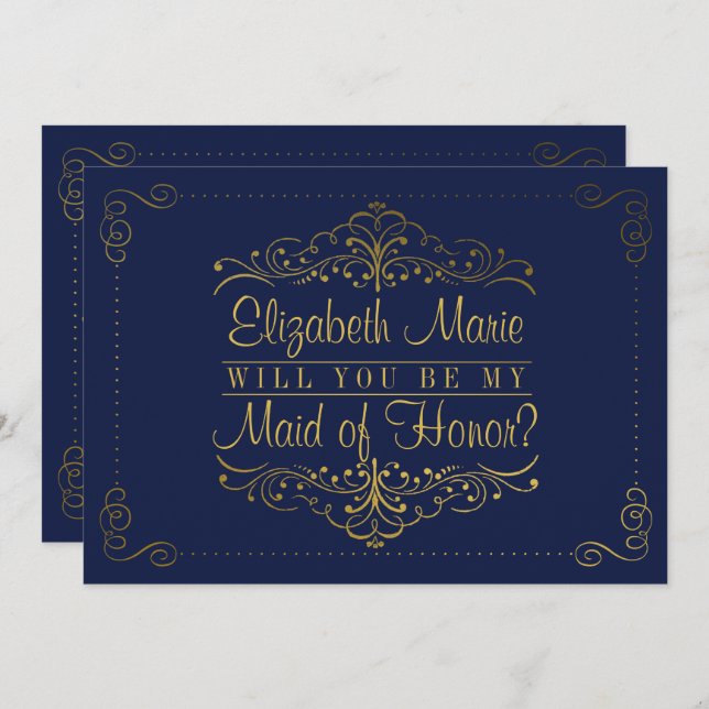 Will You Be My Maid Of Honour? Ornate Navy & Gold Invitation (Front/Back)