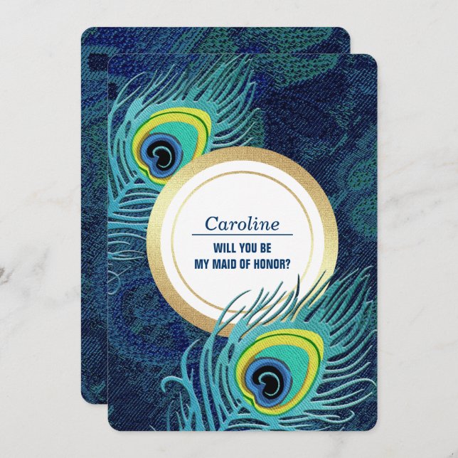 Will you be my Maid of Honour? Peacock Feather Invitation (Front/Back)