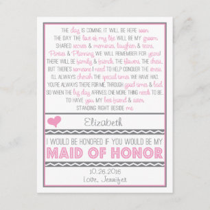 Will you be my Maid of Honour? Pink/Grey Poem Card