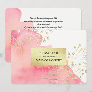 Will you be my Maid of Honour? Pink Watercolor Invitation