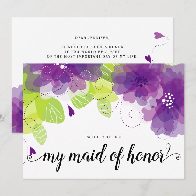 "Will you be my maid of honour" purple flowers car Invitation (Front/Back)