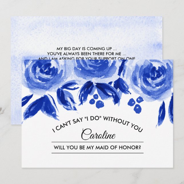 Will you be my Maid of Honour? Royal Blue Floral Invitation (Front/Back)