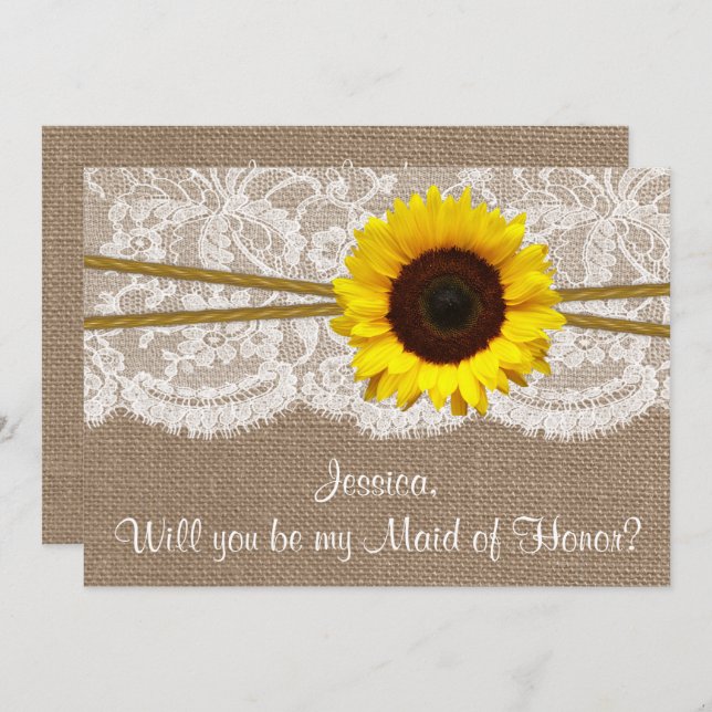 Will You Be My Maid of Honour? Rustic Sunflower Invitation (Front/Back)