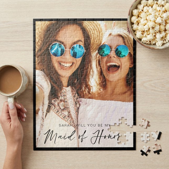 Will You Be My Maid of Honour? Trendy Script Photo Jigsaw Puzzle (Will You Be My Maid of Honor? Proposal Photo Jigsaw Puzzle)