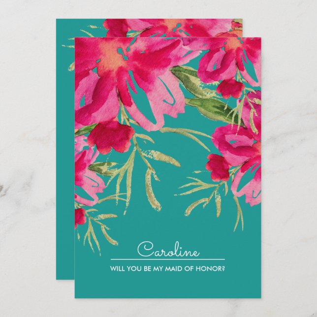 Will you be my Maid of Honour? Turquoise Fuchsia  Invitation (Front/Back)