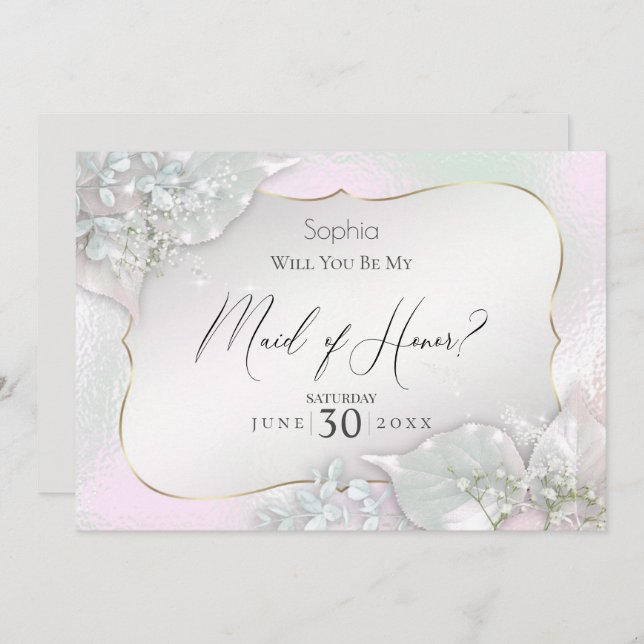 Will You Be My Maid of Honour Wispy Pink Shimmer Invitation (Front/Back)