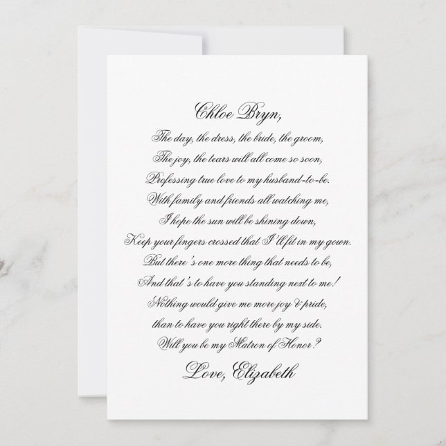 Will You Be My Martron of Honour Script Poem Card (Front)