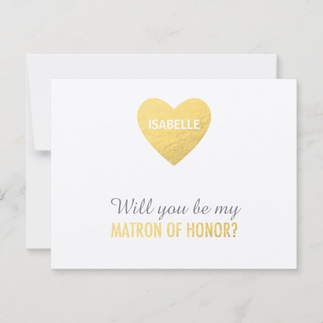 Will you be my matron of honour gold heart invitation (Front)