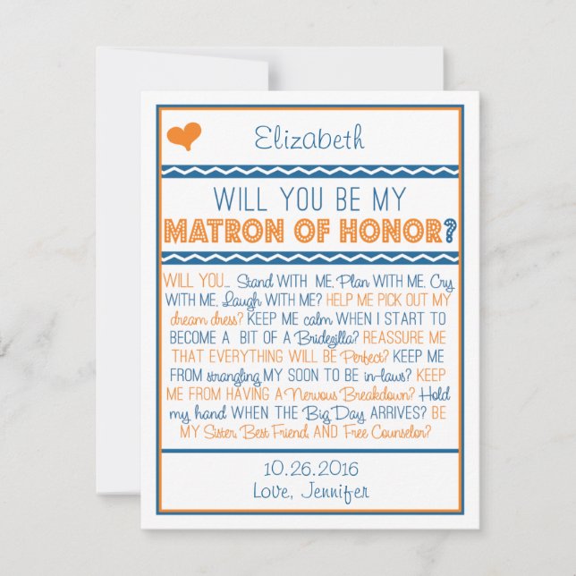 Will you be my Matron of Honour? Navy/Orange Poem Invitation (Front)