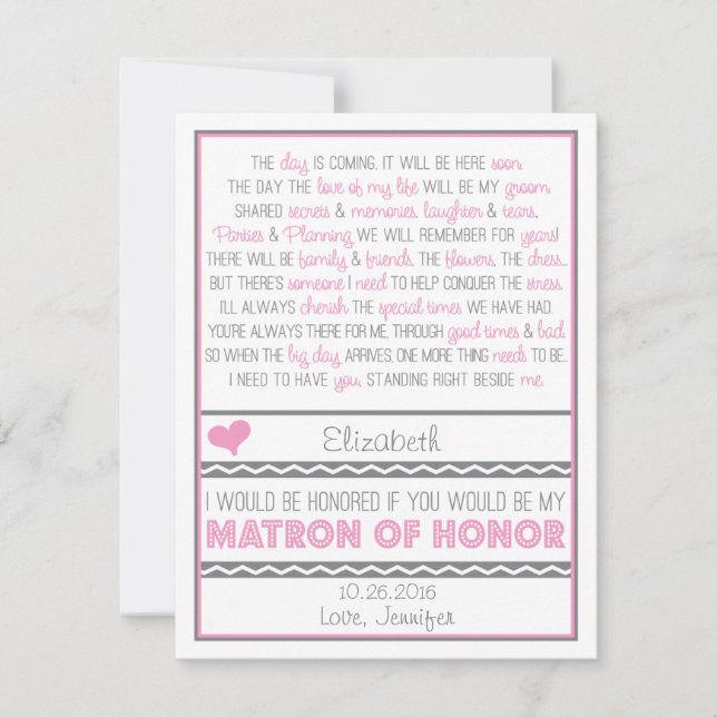Will you be my Matron of Honour? Pink/Grey Poem V2 Invitation (Front)