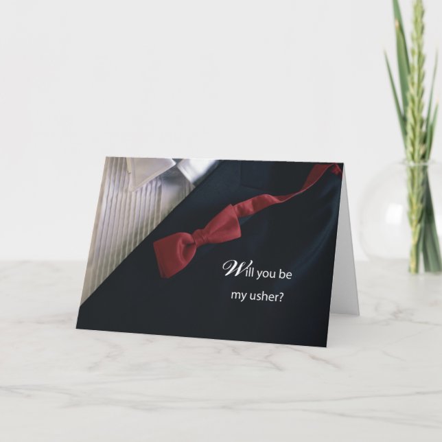 Will You Be My Usher Invitation with Red Tie Tux (Front)