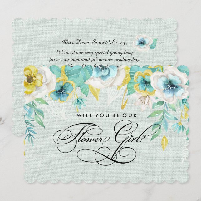 Will you be our Flower Girl? Mint Yellow Floral Invitation (Front/Back)