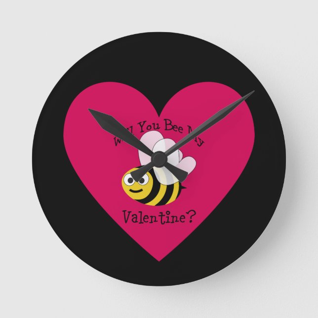 Will You Bee My Valentine? Red Heart Round Clock (Front)