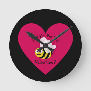 Will You Bee My Valentine? Red Heart Round Clock