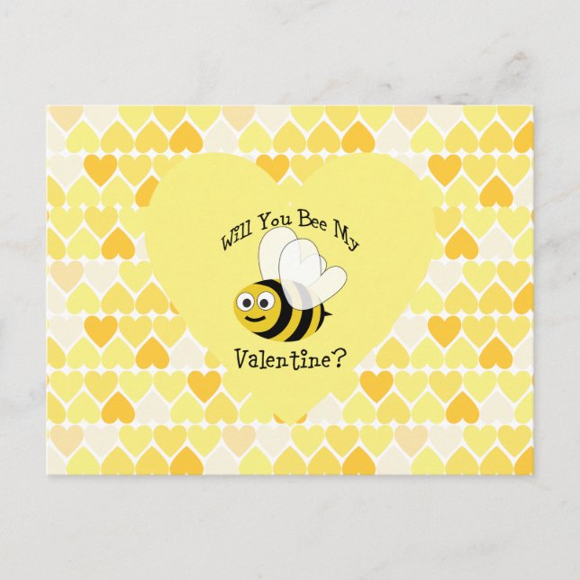 Will You Bee My Valentine? Yellow hearts Holiday Postcard (Front)