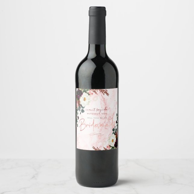 Will You Bridesmaid Marble Blush Burgundy Flowers Wine Label (Front)