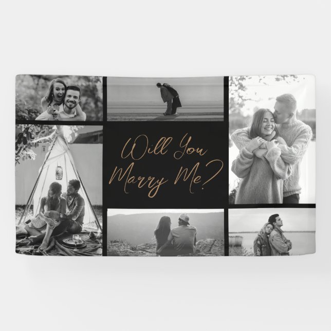 Will You Marry Me | 6 Photo Black Gold Proposal Banner (Horizontal)
