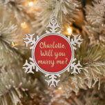 Will You Marry Me gold red custom name proposal Snowflake Pewter Christmas Ornament<br><div class="desc">Will You Marry Me gold red custom script name proposal Snowflake Pewter Christmas Ornament.
Elegant cute faux gold and crimson red ornament.
Romantic Christmas engagement ,  marriage proposal.</div>